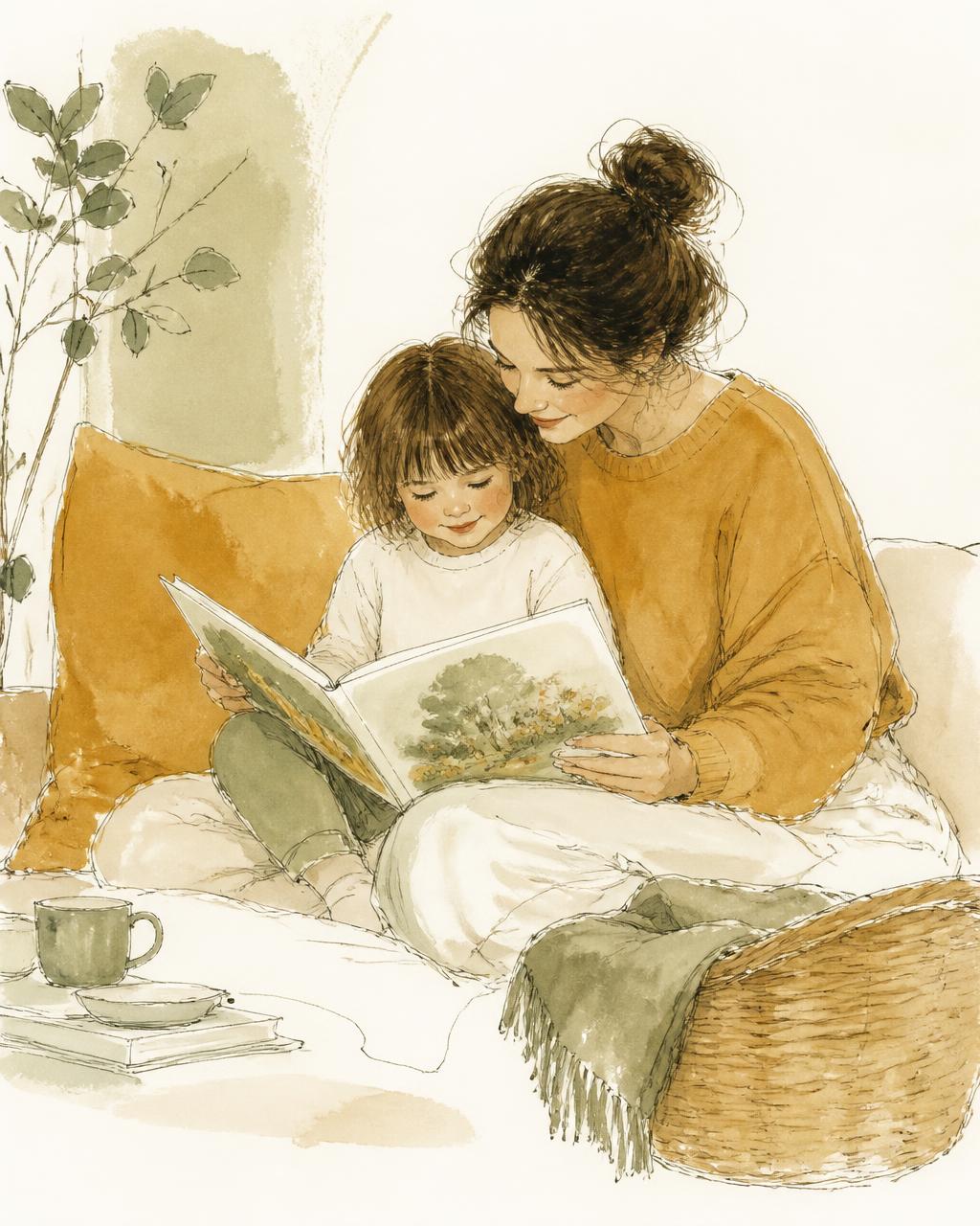 Illustration of a parent and child reading together in a quiet, cozy moment