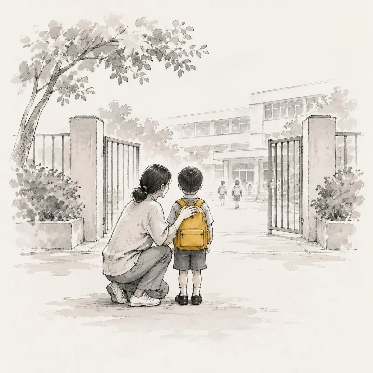 Pen-and-watercolour illustration of a parent kneeling beside a child with a mustard backpack at a Hong Kong school gate, seen from behind