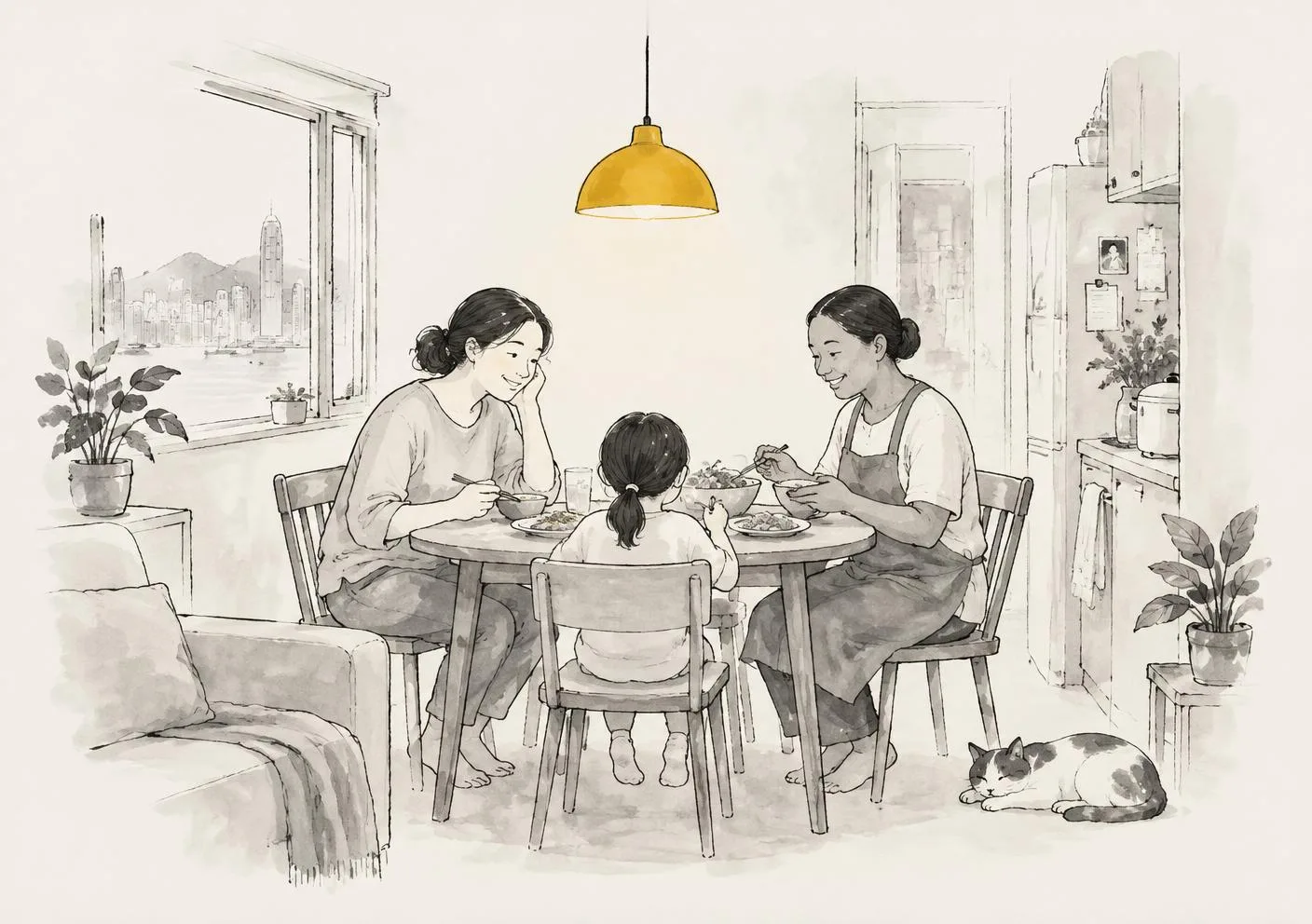 Pen-and-watercolour illustration of a parent, domestic helper and child seen from behind sharing dinner beneath a mustard lamp in a Hong Kong home