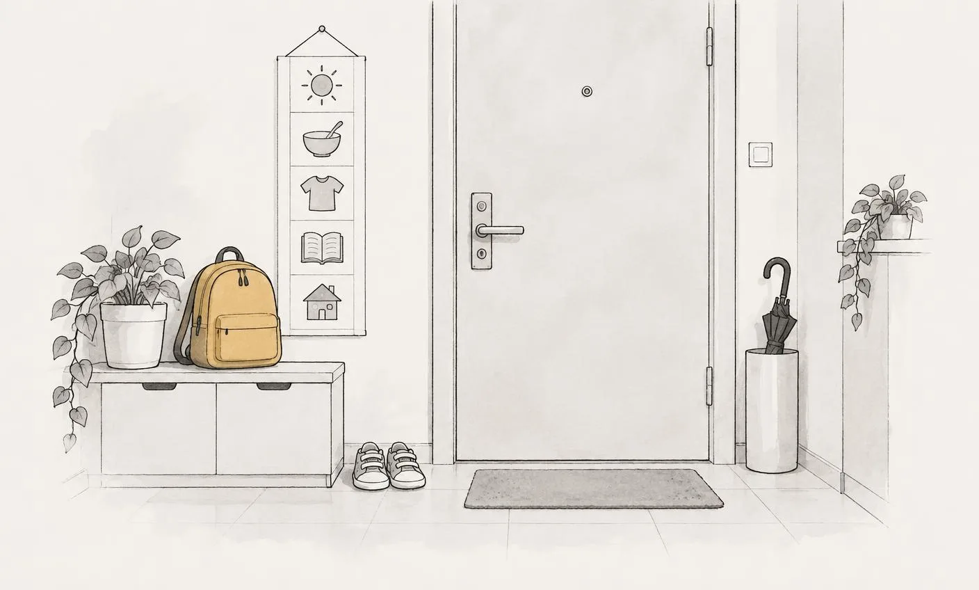 Pen-and-watercolour vignette of shoes, a mustard school bag and a picture schedule ready by the door